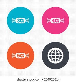 Circle buttons. Mobile telecommunications icons. 3G, 4G and 5G technology symbols. World globe sign. Seamless squares texture. Vector