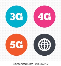 Circle buttons. Mobile telecommunications icons. 3G, 4G and 5G technology symbols. World globe sign. Seamless squares texture. Vector