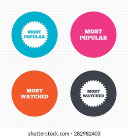 Circle buttons. Most popular star icon. Most watched symbols. Clients or users choice signs. Seamless squares texture. Vector