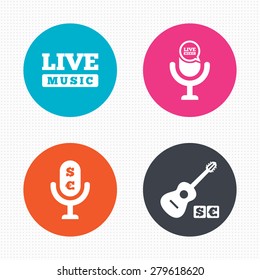 Circle buttons. Musical elements icons. Microphone and Live music symbols. Paid music and acoustic guitar signs. Seamless squares texture. Vector