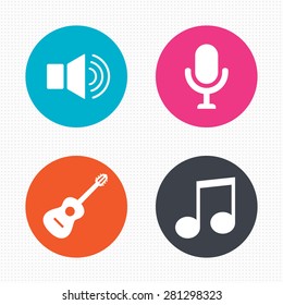 Circle buttons. Musical elements icons. Microphone and Sound speaker symbols. Music note and acoustic guitar signs. Vector