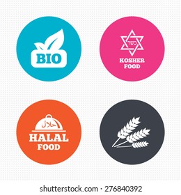 Circle buttons. Natural Bio food icons. Halal and Kosher signs. Gluten free and star of David symbols. Seamless squares texture. Vector