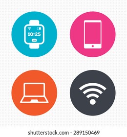 Circle buttons. Notebook and smartphone icons. Smart watch symbol. Wi-fi and battery energy signs. Wireless Network symbol. Mobile devices. Seamless squares texture. Vector