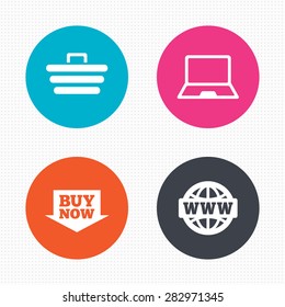 Circle buttons. Online shopping icons. Notebook pc, shopping cart, buy now arrow and internet signs. WWW globe symbol. Seamless squares texture. Vector