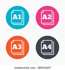 Circle buttons. Paper size standard icons. Document symbols. A1, A2, A3 and A4 page signs. Seamless squares texture. Vector