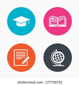 Circle buttons. Pencil with document and open book icons. Graduation cap and geography globe symbols. Learn signs. Seamless squares texture. Vector