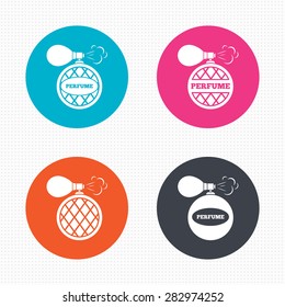 Circle buttons. Perfume bottle icons. Glamour fragrance sign symbols. Seamless squares texture. Vector