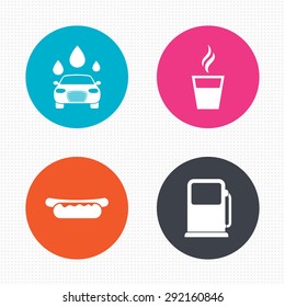 Circle buttons. Petrol or Gas station services icons. Automated car wash signs. Hotdog sandwich and hot coffee cup symbols. Seamless squares texture. Vector