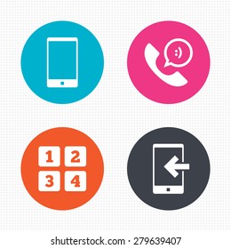 Circle buttons. Phone icons. Smartphone incoming call sign. Call center support symbol. Cellphone keyboard symbol. Seamless squares texture. Vector