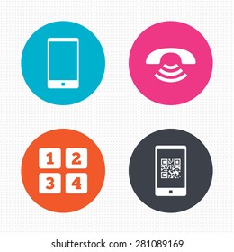 Circle buttons. Phone icons. Smartphone with Qr code sign. Call center support symbol. Cellphone keyboard symbol. Seamless squares texture. Vector