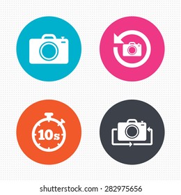 Circle buttons. Photo camera icon. Flip turn or refresh symbols. Stopwatch timer 10 seconds sign. Seamless squares texture. Vector