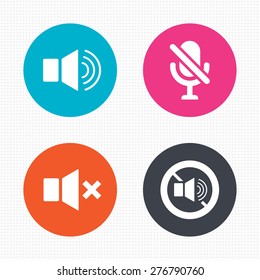 Circle buttons. Player control icons. Sound, microphone and mute speaker signs. No sound symbol. Seamless squares texture. Vector