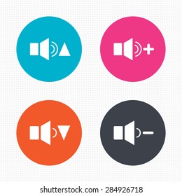 Circle buttons. Player control icons. Sound louder and quieter signs. Dynamic symbol. Seamless squares texture. Vector