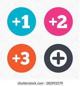 Circle buttons. Plus icons. Positive symbol. Add one, two, three and four more sign. Seamless squares texture. Vector