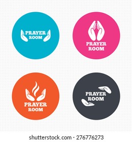 Circle buttons. Prayer room icons. Religion priest faith symbols. Pray with hands. Seamless squares texture. Vector