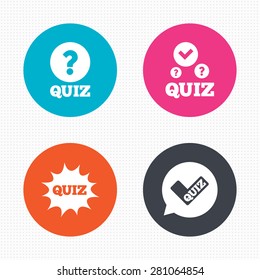 Circle buttons. Quiz icons. Speech bubble with check mark symbol. Explosion boom sign. Seamless squares texture. Vector