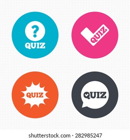 Circle buttons. Quiz icons. Speech bubble with check mark symbol. Explosion boom sign. Seamless squares texture. Vector