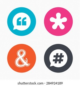 Circle buttons. Quote, asterisk footnote icons. Hashtag social media and ampersand symbols. Programming logical operator AND sign. Speech bubble. Seamless squares texture. Vector
