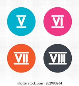 Circle buttons. Roman numeral icons. 5, 6, 7 and 8 digit characters. Ancient Rome numeric system. Seamless squares texture. Vector
