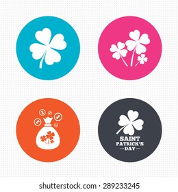 Circle buttons. Saint Patrick day icons. Money bag with clovers and coins sign. Symbol of good luck. Seamless squares texture. Vector