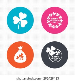 Circle buttons. Saint Patrick day icons. Money bag with clover sign. Wreath of trefoil shamrock clovers. Symbol of good luck. Seamless squares texture. Vector