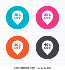 Circle buttons. Sale pointer tag icons. Discount special offer symbols. 10%, 20%, 30% and 40% percent off signs. Seamless squares texture. Vector