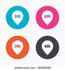 Circle buttons. Sale pointer tag icons. Discount special offer symbols. 10%, 20%, 30% and 40% percent discount signs. Seamless squares texture. Vector