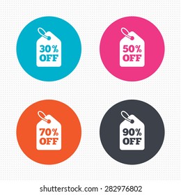 Circle buttons. Sale price tag icons. Discount special offer symbols. 30%, 50%, 70% and 90% percent off signs. Seamless squares texture. Vector