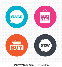 Circle buttons. Sale speech bubble icon. Buy cart symbol. New star circle sign. Big sale shopping bag. Seamless squares texture. Vector