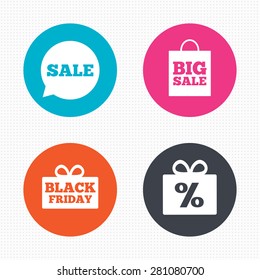 Circle buttons. Sale speech bubble icon. Black friday gift box symbol. Big sale shopping bag. Discount percent sign. Seamless squares texture. Vector