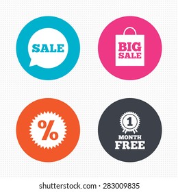 Circle buttons. Sale speech bubble icon. Discount star symbol. Big sale shopping bag sign. First month free medal. Seamless squares texture. Vector