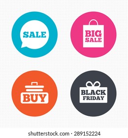 Circle buttons. Sale speech bubble icons. Buy cart symbols. Black friday gift box signs. Big sale shopping bag. Seamless squares texture. Vector