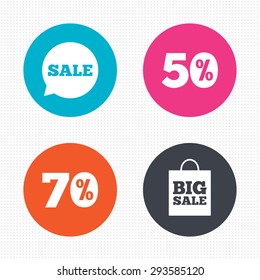 Circle buttons. Sale speech bubble icon. 50% and 70% percent discount symbols. Big sale shopping bag sign. Seamless squares texture. Vector