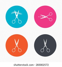 Circle buttons. Scissors icons. Hairdresser or barbershop symbol. Scissors cut hair. Cut dash dotted line. Tailor symbol. Seamless squares texture. Vector