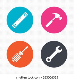 Circle buttons. Screwdriver and wrench key tool icons. Bubble level and hammer sign symbols. Seamless squares texture. Vector