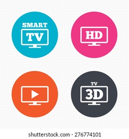Circle buttons. Smart TV mode icon. Widescreen symbol. High-definition resolution. 3D Television sign. Seamless squares texture. Vector