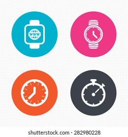 Circle buttons. Smart watch with internet icons. Mechanical clock time, Stopwatch timer symbols. Wrist digital watch sign. Seamless squares texture. Vector