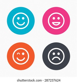 Circle buttons. Smile icons. Happy, sad and wink faces symbol. Laughing lol smiley signs. Seamless squares texture. Vector