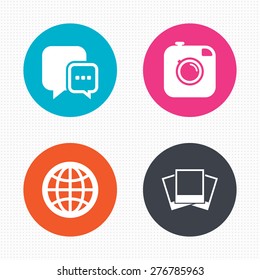 Circle buttons. Social media icons. Chat speech bubble and world globe symbols. Hipster photo camera sign. Photo frames. Seamless squares texture. Vector