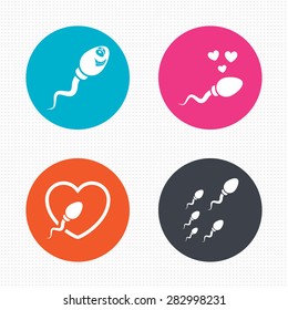 Circle buttons. Sperm icons. Fertilization or insemination signs. Safe love heart symbol. Seamless squares texture. Vector