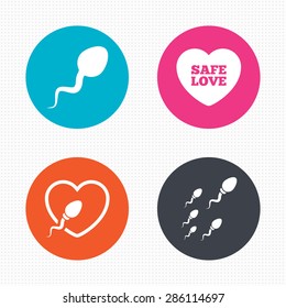 Circle buttons. Sperm icons. Fertilization or insemination signs. Safe love heart symbol. Seamless squares texture. Vector