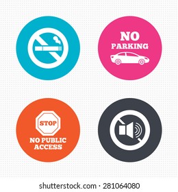 Circle buttons. Stop smoking and no sound signs. Private territory parking or public access. Cigarette symbol. Speaker volume. Seamless squares texture. Vector