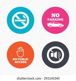 Circle buttons. Stop smoking and no sound signs. Private territory parking or public access. Cigarette and hand symbol. Seamless squares texture. Vector