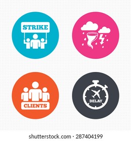 Circle buttons. Strike icon. Storm bad weather and group of people signs. Delayed flight symbol. Seamless squares texture. Vector