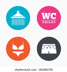 Circle buttons. Swimming pool icons. Shower water drops and swimwear symbols. WC Toilet sign. Trunks and women underwear. Seamless squares texture. Vector