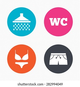 Circle buttons. Swimming pool icons. Shower water drops and swimwear symbols. WC Toilet sign. Trunks and women underwear. Seamless squares texture. Vector