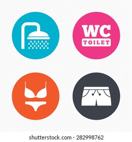 Circle buttons. Swimming pool icons. Shower water drops and swimwear symbols. WC Toilet sign. Trunks and women underwear. Seamless squares texture. Vector