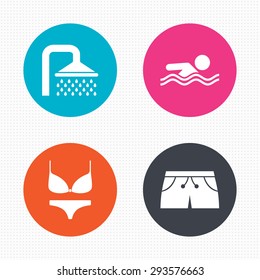 Circle buttons. Swimming pool icons. Shower water drops and swimwear symbols. Human swims in sea waves sign. Trunks and women underwear. Seamless squares texture. Vector