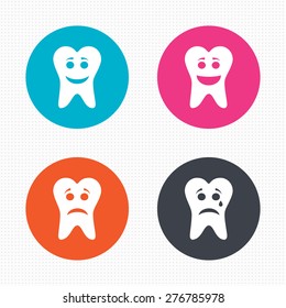 Circle buttons. Tooth smile face icons. Happy, sad, cry signs. Happy smiley chat symbol. Sadness depression and crying signs. Seamless squares texture. Vector