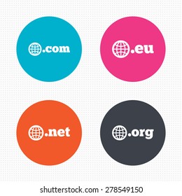 Circle buttons. Top-level internet domain icons. Com, Eu, Net and Org symbols with globe. Unique DNS names. Seamless squares texture. Vector